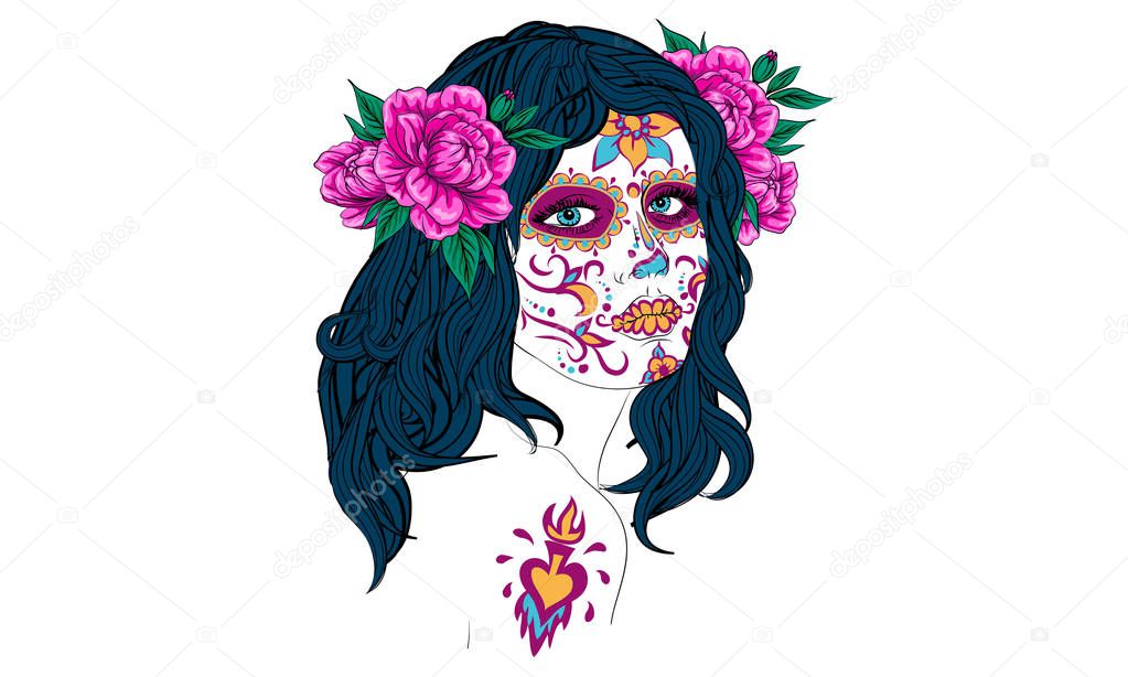 dia de los muertos day of the dead mexican holiday festival vector poster banner and card with, anta muerte woman make up sugar skull girl face with flowers wreath hand drawn