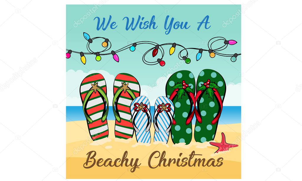 merry christmas and a happy new year in a warm climate design tropical Christmas, Holiday greeting card with Christmas style sandals on the beach