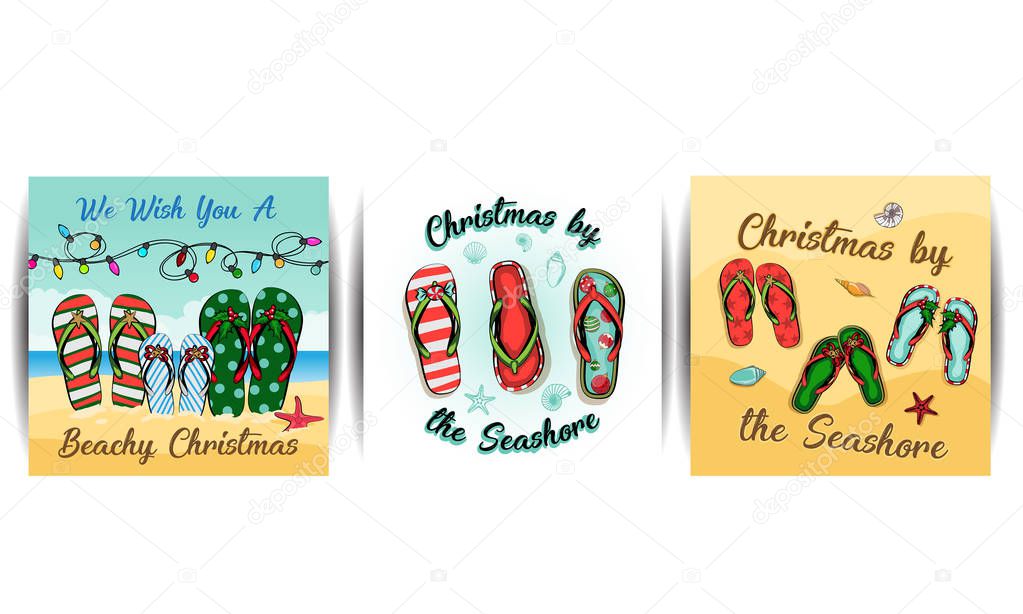 merry christmas and a happy new year in a warm climate design tropical Christmas, Holiday greeting card with Christmas style sandals on the beach