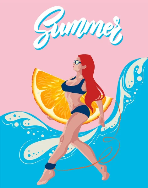 Ilustrace Bazénové Party Sexy Dívkou Kreslených Plavkách Plavkách Oranžové Náladě — Stock fotografie