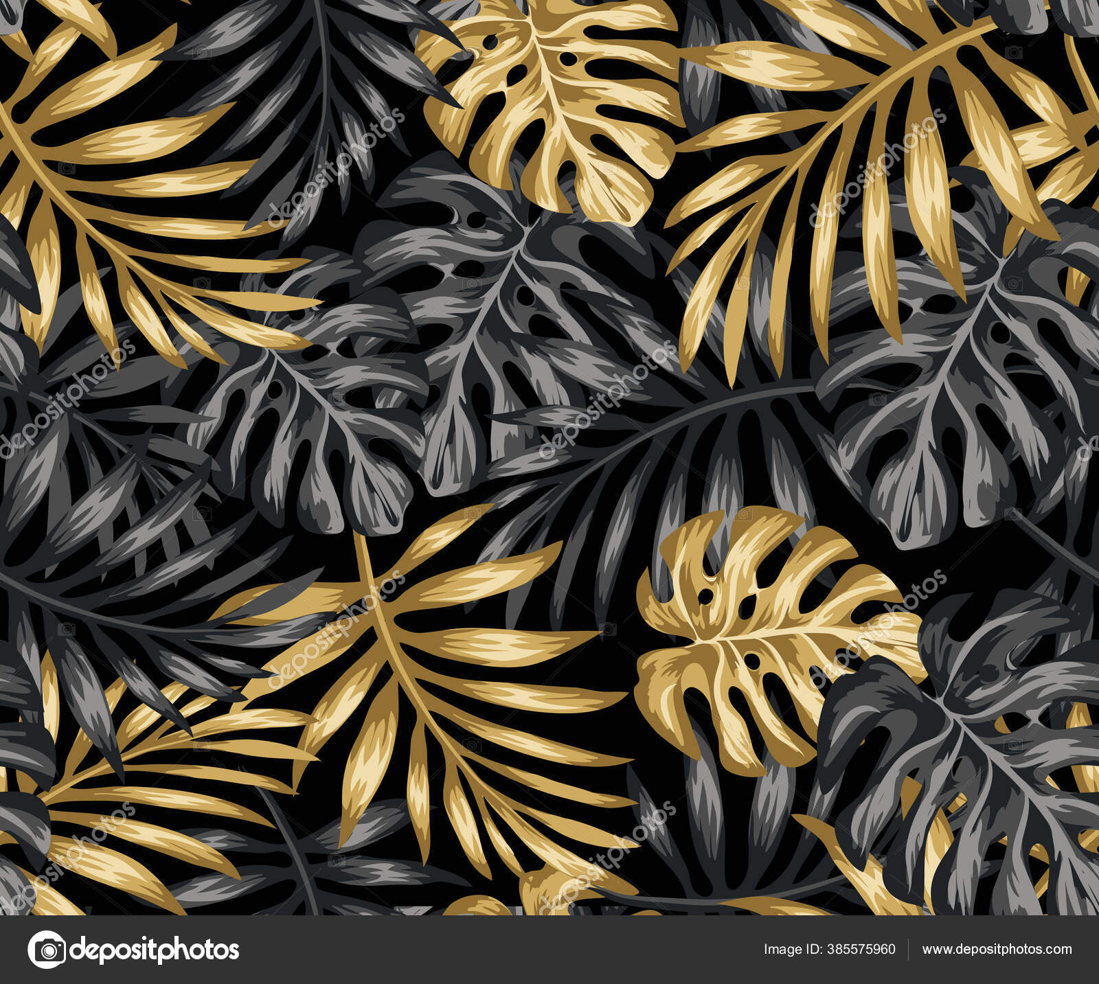 Pattern Drawing Gold Black Tropical Leaves Dark Background Exotic Botanical  Stock Vector Image by ©SamsonFM #385575960
