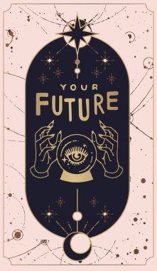 Sihirli bir top. Çizginin elinde ışık huzmeleri ve bir falcı noktası var. Boho şık TAROT CARDS dövmesi, poster veya sunak örtüsü tasarımı baskı vektör illüstrasyonu için