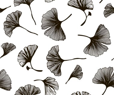 Ginkgo yapraklı, kusursuz çiçek deseni. Ginkgo biloba yapraklarının vektör çizimi. Yaprak silueti olan bir arka plan. Tekstil, kumaş, duvar kağıdı tasarımı.