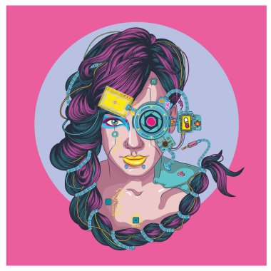 Sanal gerçeklik gözlüklü sanal kadın, sanal gerçeklik gözlüklü kız, bilgisayarla değiştirilmiş siber vücut parçaları..