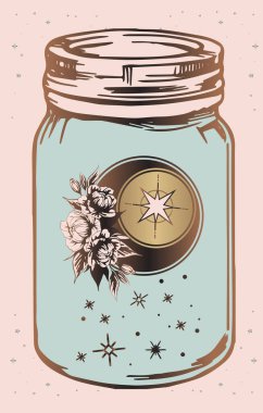 Kutsal esrarengiz semboller, el işaretleri, ay ve yıldızların bankada olması, mistik çizimler: insan eli Ay 'ı tutar. Kutsal geometri. Vektör illüstrasyonu Yazdırma, Kaplama, Tişört, Kart.