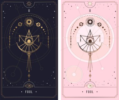 - Binbaşı Arcana. Küçük Arcana gizli kartı, siyah, altın ve gümüş kart, pembe, mistik semboller..
