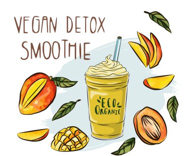 Vegan detoks smoothie 'nin vektör çizimi. Mangodan yapılmış sağlıklı bir içecek tarifi, elle çizilmiş smoothie tarifi, eko sağlıklı bileşen vektör çizimi. Poster, afiş, kupon, kupon için harika. Beyazda izole edilmiş.