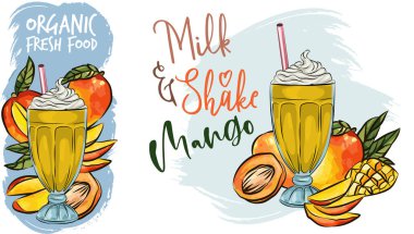 Vegan detoks smoothie 'nin vektör çizimi. Mangodan yapılmış sağlıklı bir içecek tarifi, elle çizilmiş smoothie tarifi, eko sağlıklı bileşen vektör çizimi. Poster, afiş, kupon, kupon için harika. Beyazda izole edilmiş.