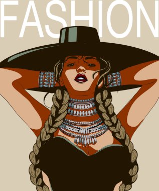 Geniş kenarlı ve örgülü şapkalı bir kız FASHION 'da moda resmi, kristal kolye katmanları değerli taşlar, küçük siyah elbise, moda dergisinde illüstrasyon, geniş kenarlı şapkalı manken kız.
