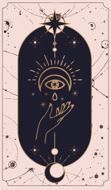 Ay ve güneş tarot kartları, basit ezoterik boho stili eller. Uzay Yıldızı Gezegeni, altın, pembe ve pembe kartlar gibi çeşitli sembollere sahip özel logo koleksiyonu