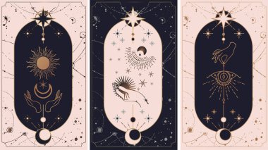Ay ve güneş tarot kartları, basit ezoterik boho stili eller. Uzay Yıldızı Gezegeni, altın, pembe ve pembe kartlar gibi çeşitli sembollere sahip özel logo koleksiyonu