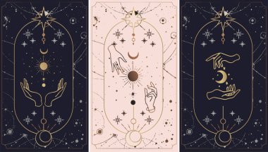  Uzay yıldızı gezegeni, çiçek, ay ve güneş, kalp aşkı, göz, ateş, damla gibi farklı sembollere sahip dişi el logosu koleksiyonu.