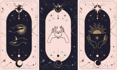  Uzay yıldızı gezegeni, çiçek, ay ve güneş, kalp aşkı, göz, ateş, damla gibi farklı sembollere sahip dişi el logosu koleksiyonu.