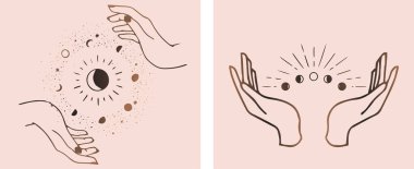  Uzay yıldızı gezegeni, çiçek, ay ve güneş, kalp aşkı, göz, ateş, damla gibi farklı sembollere sahip dişi el logosu koleksiyonu.