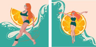 Turuncu desenli güzel bir yaz geçmişi ve deniz suyunda mayo giyen bir kız.