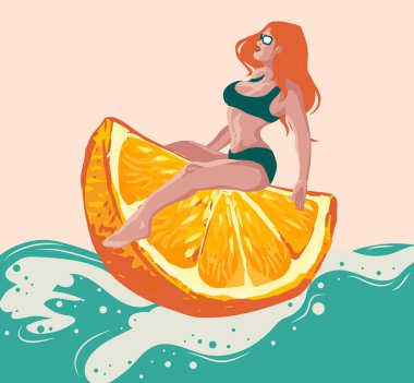 Turuncu desenli güzel bir yaz geçmişi ve deniz suyunda mayo giyen bir kız.