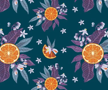 Bitkisel malzemelerle kusursuz turunçgil deseni. Bitkisel çizimlerle el çizimi vektör çizimi. Yazdırma, kumaş, duvar kağıdı kapağı ve kutu tasarımı için şablon.