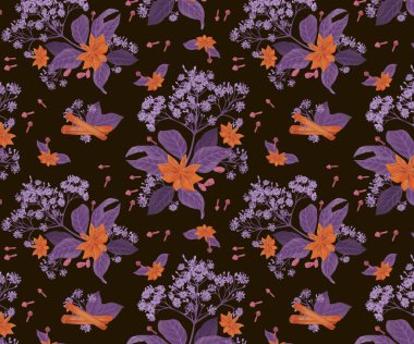 Kusursuz desen, el yapımı parfüm ve kozmetik malzemelerinin çizimi. Aromatik sanayi için aromatik bitkilerle donatılmış klasik bir arka plan. Bitki ve Baharat İllüstrasyonları Bitkisel İçindekiler