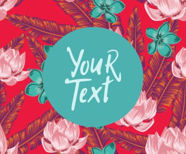 Parlak bir arka planda tropik canlı desenler, palmiye yaprakları ve egzotik çiçekler. Süslü bahçe bitkileri. Yeşil yaz tropikal arka planında egzotik palmiye yaprakları ve amber çiçekleri.