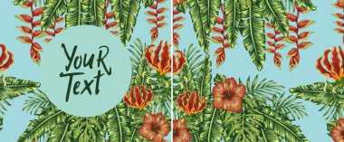 Parlak bir arka planda tropik canlı desenler, palmiye yaprakları ve egzotik çiçekler. Süslü bahçe bitkileri. Yeşil yaz tropikal arka planında egzotik palmiye yaprakları ve amber çiçekleri.