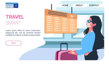 Uluslararası bir havaalanında elinde bavul olan bir uçuş bilgi panosuna bakan genç bir kadının vektör çizimi. Web sayfası şablonu. Web sitesi ve mobil site için modern düz tasarım web sayfası tasarım kavramları
