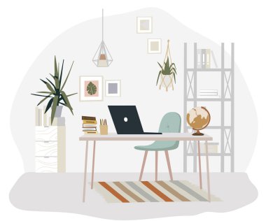 Minimum modern bohem tarzı ev dekorasyonu. Mobilya, Bitkiler, duvar dekorasyonu.