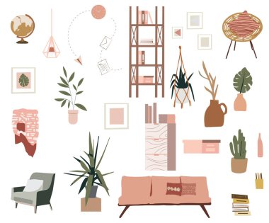 Minimum modern bohem tarzı ev dekorasyonu. Mobilya, Bitkiler, duvar dekorasyonu.