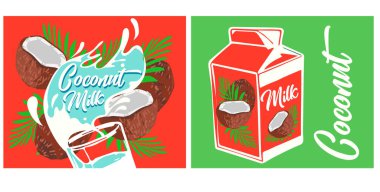 Vejetaryen sütü. Vejetaryen sütü: soya, pirinç, yulaf ezmesi, hindistan cevizi, kaju, badem. Laktozsuz. Tarım ürünleri. Çizgi filmlerdeki gibi sağlıklı bir içkinin vektör çizimi..