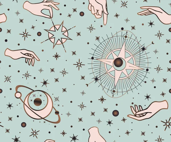 Astrology Cosmos Pattern Χέρια Boho Απλό Επίπεδο Εσωτερικό Στυλ Εσωτερική — Διανυσματικό Αρχείο