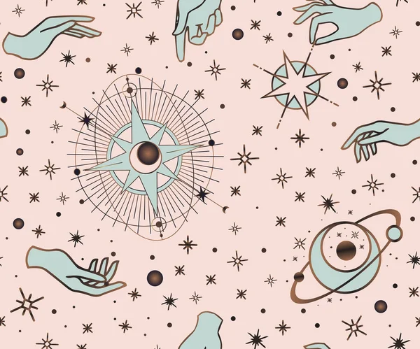 Astrología Patrón Cosmos Manos Estilo Esotérico Plano Boho Simple Colección — Vector de stock