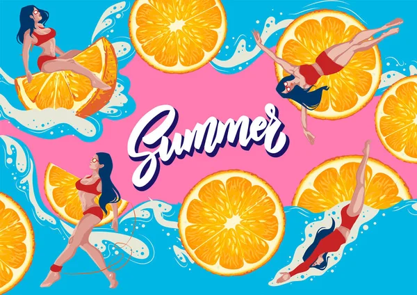 Illustration Une Fête Piscine Avec Une Fille Sexy Maillot Bain — Image vectorielle