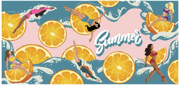 Illustratie Van Een Zwembadfeest Met Een Sexy Meisje Een Cartoon — Stockvector