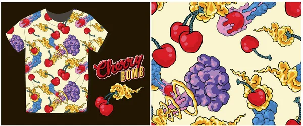 cherry-bomb seamless pattern, hand-drawn comic book style cartoon flaming cherries, design of two cherries and the inscription 
