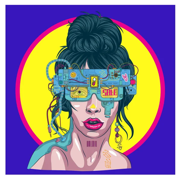 Cyber Woman Virtual Reality Glasses Girl Virtual Reality Glasses Computer — Stock Vector