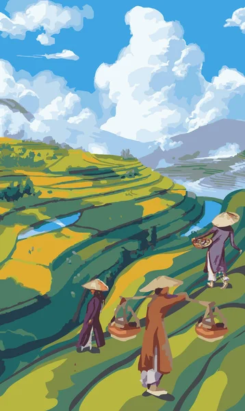 Ilustração Agricultores Plantando Arroz Nos Campos Terraços Campo Arroz Paisagem — Vetor de Stock