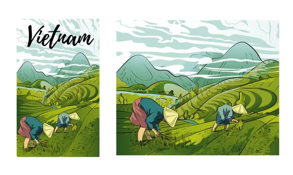 Tarlalara Pirinç Eken Çiftçilerin Dağ Manzarasına Pirinç Tarlaları Çin Vietnam — Stok Vektör