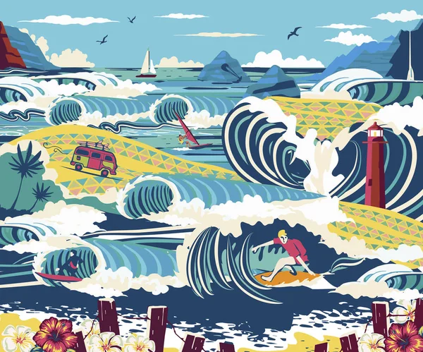 Крихітні Дорослі Люди Йдуть Серфінг Віндсерфінг Кішки Літні Пляжні Заходи — стоковий вектор
