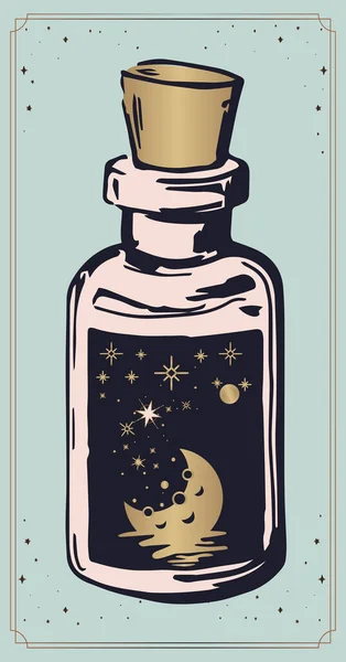 Witch Magic Potions Moon Stars Jar Mystical Drawing Human Hands — Stock Vector