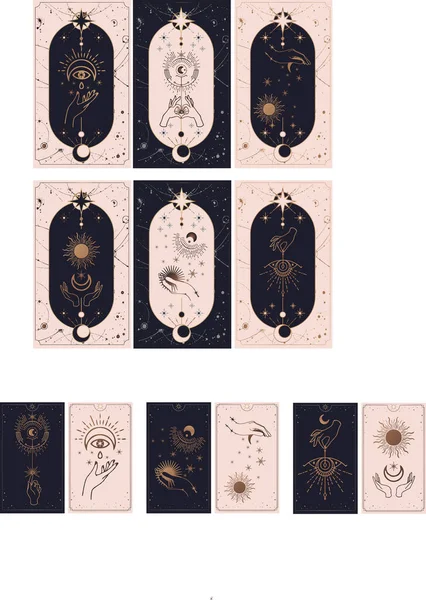 Ay ve güneş tarot kartları, basit ezoterik boho stili eller. Uzay Yıldızı Gezegeni, altın, pembe ve pembe kartlar gibi çeşitli sembollere sahip özel logo koleksiyonu