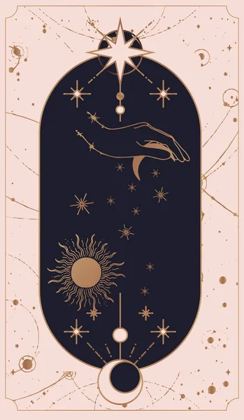 Moon Sun Tarot Cards Hands Set Simple Flat Esoteric Boho — Stock Vector