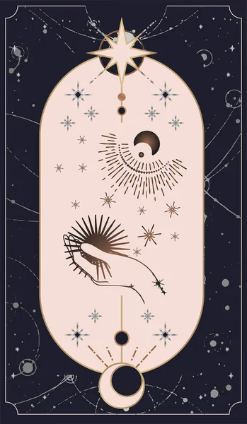 月と太陽のタロットカードは 手のシンプルなフラット密教Bohoスタイルで設定します 宇宙星惑星や金ピンクカードなどの様々な記号を持つロゴの密教コレクション — ストックベクタ