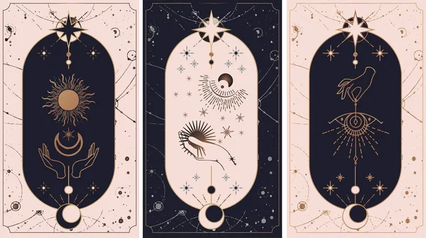 Cartas Del Tarot Luna Del Sol Manos Fijadas Estilo Boho — Archivo Imágenes Vectoriales