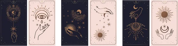 Ay ve güneş tarot kartları, basit ezoterik boho stili eller. Uzay Yıldızı Gezegeni, altın, pembe ve pembe kartlar gibi çeşitli sembollere sahip özel logo koleksiyonu