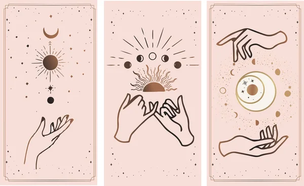 宇宙の星の惑星 花のハーブ 月と太陽 ハートの愛 ドロップなどの異なるシンボルを持つ女性の手のロゴコレクション — ストックベクタ