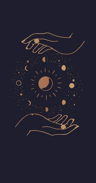 Містичний Малюнок Людські Руки Тримають Місяць Священна Геометрія Коло Фази — стоковий вектор
