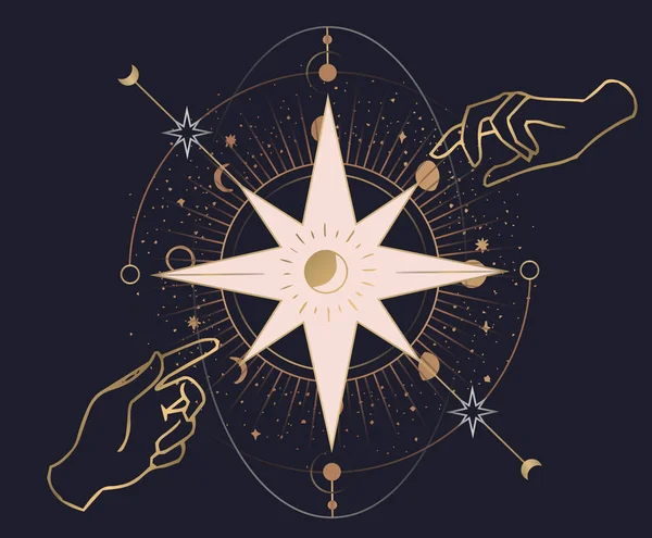 宇宙の星の惑星 花のハーブ 月と太陽 ハートの愛 ドロップなどの異なるシンボルを持つ女性の手のロゴコレクション — ストックベクタ