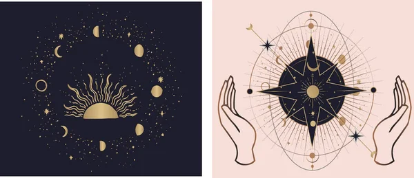 Colección Logotipo Mano Femenina Con Diferentes Símbolos Como Planeta Estrella — Vector de stock