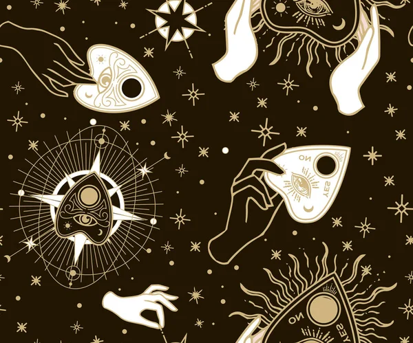 シームレスなパターン Uijaとヴィンテージフォーチュンハンズ 神秘的でオカルト的な手描きのシンボルでグラフィックイラストをスケッチ ベクトルハロウィンイラスト 占星術と密教の概念 — ストックベクタ