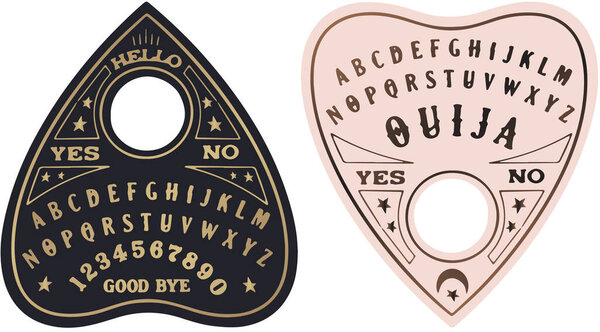 Ouija planchette with eye of providence line art, vector illustration isolated on white. Sketch style hand drawn. Element for halloween or pagan witchcraft theme.