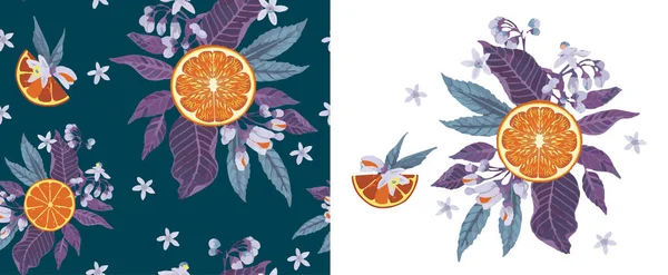 ハーブ成分とシームレスな柑橘類のパターン ハーブイラストで手描きベクトルイラスト ファブリック 壁紙カバーとボックスデザインのためのテンプレート — ストックベクタ